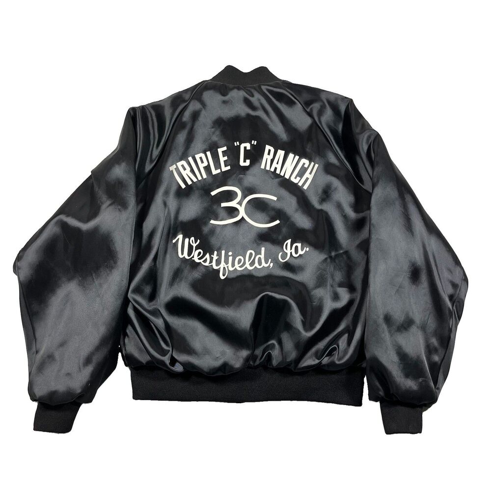 Vintage Dunbrooke Triple C Ranch Western Satin Bomber Jacket Black M USA